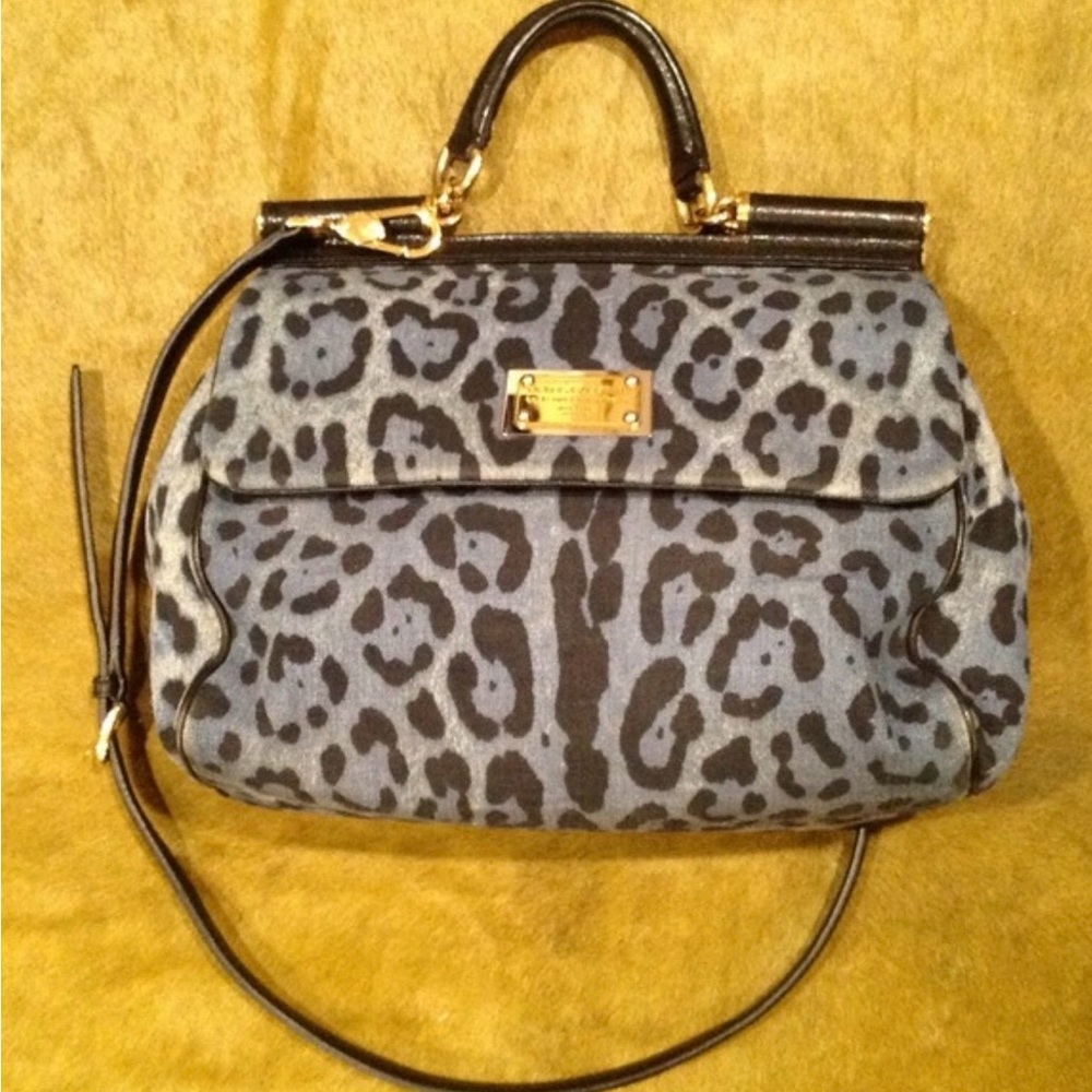 Dolce & Gabbana Gray-Blue Leopard Satchel with Black Trim
